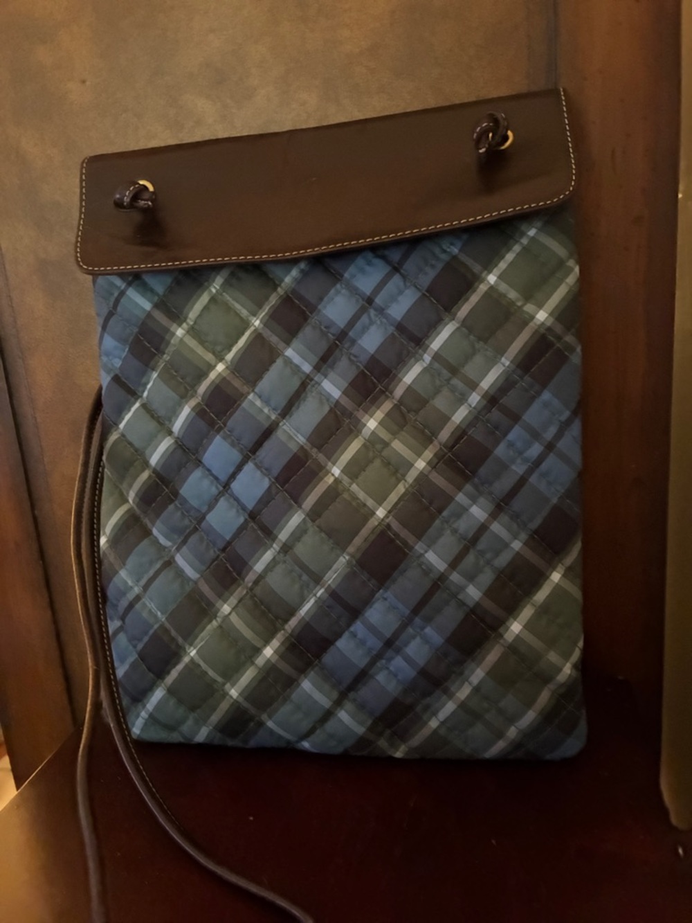 Lands’ End Blue and Green Messenger Bag with Brown Trim